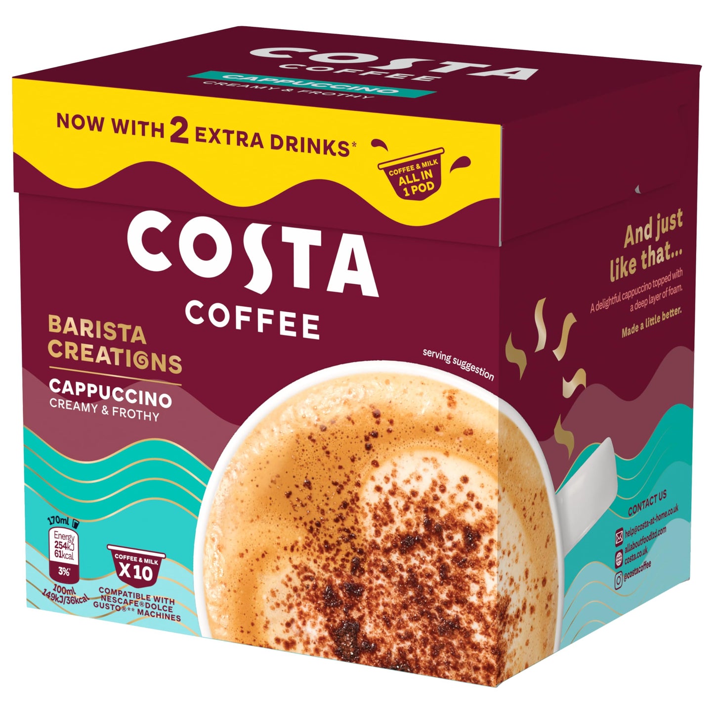 Costa Coffee Dolce Gusto Cappuccino One Pod 10 x 16g, Creamy and Frothy. Now with 2 extra drinks, All in One Pod.