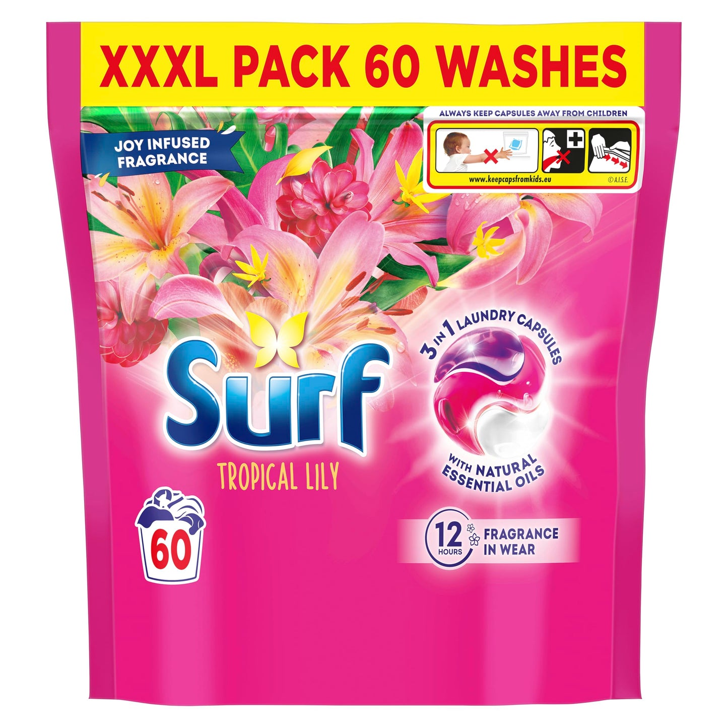 Surf 3 in 1 Tropical Lily Laundry Washing Detergent Capsules joy-infused fragrance with natural essential oils lasting up to 12 hours in wear for brilliantly clean results 60 washes