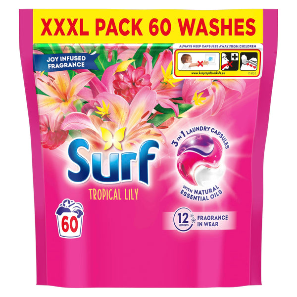 Surf 3 in 1 Tropical Lily Laundry Washing Detergent Capsules joy-infused fragrance with natural essential oils lasting up to 12 hours in wear for brilliantly clean results 60 washes