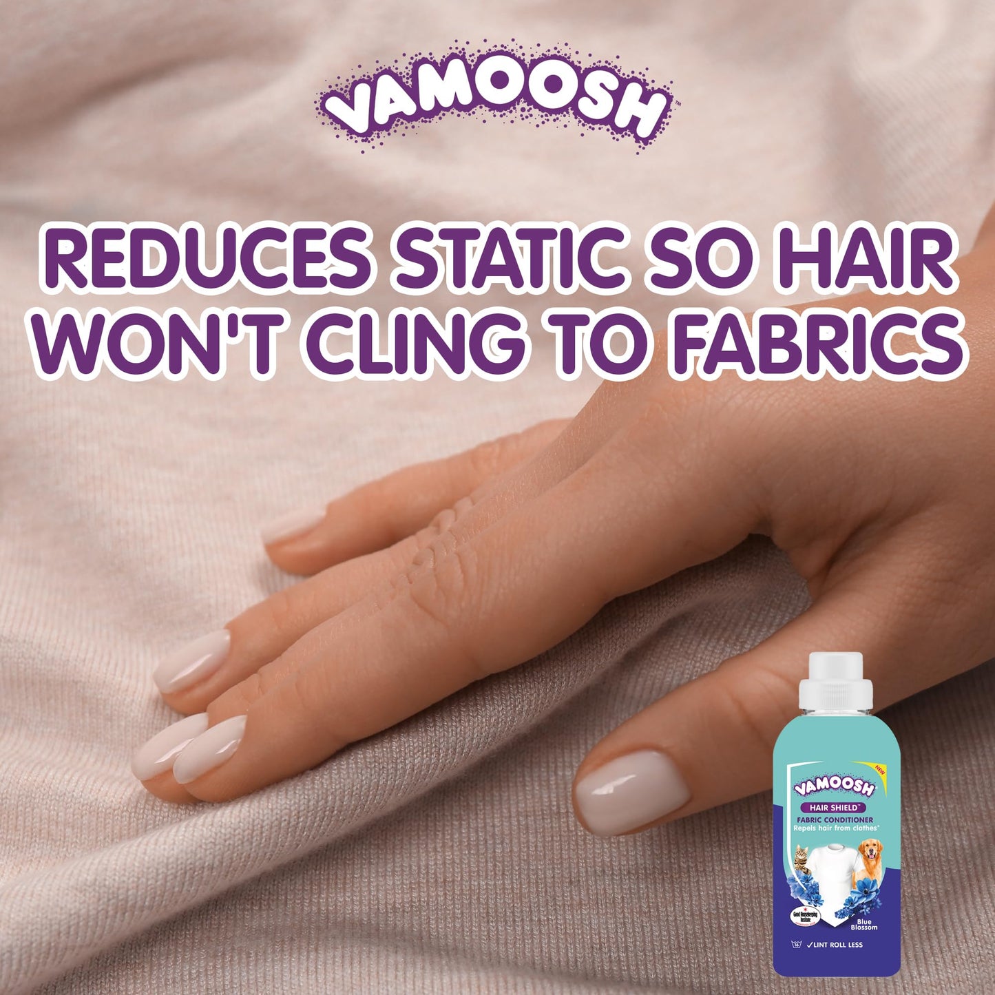 Vamoosh Hair Shield Fabric Conditioner 500ml – Liquid Fabric Softener that Repels Pet Hair from Clothes After Washing, Does Not Dissolve Hair – Blue Blossom Scent – Up to 16 Washes