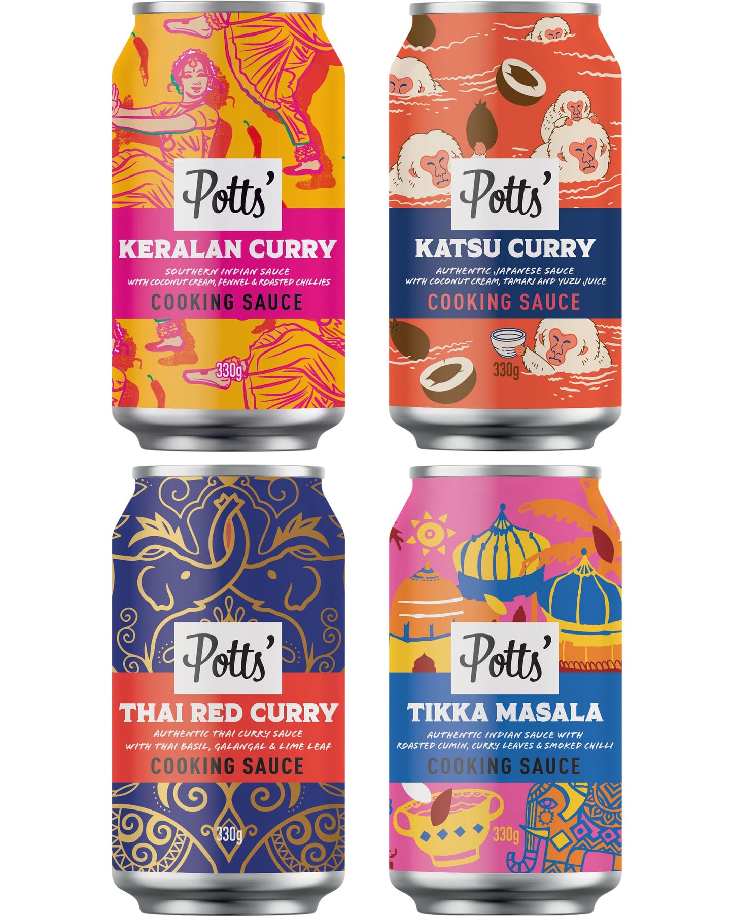 Potts’ Katsu Curry, Tikka Masala, Thai Red Curry, & Keralan Sauce in Can, 330g Each - Mixed Sauce Cans for Vegan & Traditional Meals - Easy Open Can, Ready to Use Stock