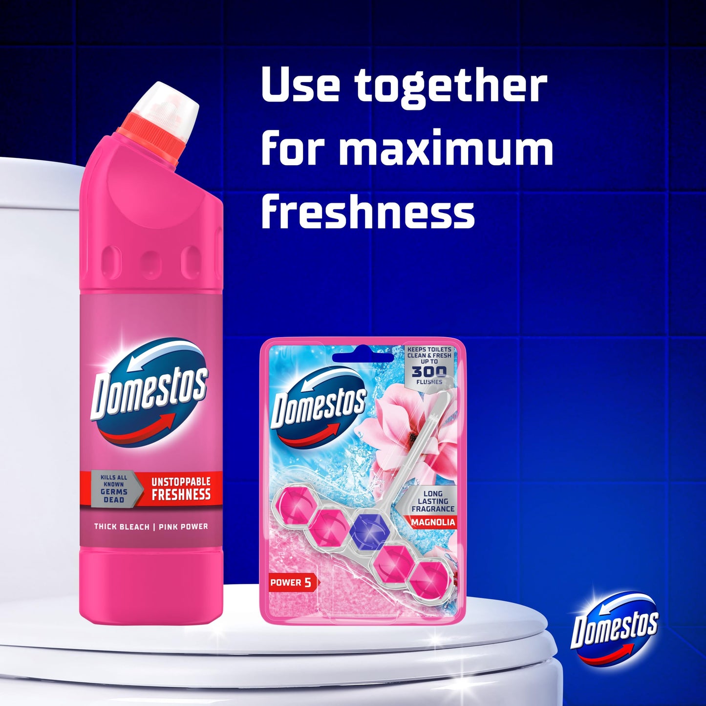 Domestos Pink Power Thick Bleach eliminates 99.9% of bacteria and viruses disinfectant to prevent the build-up of limescale for up to 3x longer 750 ml