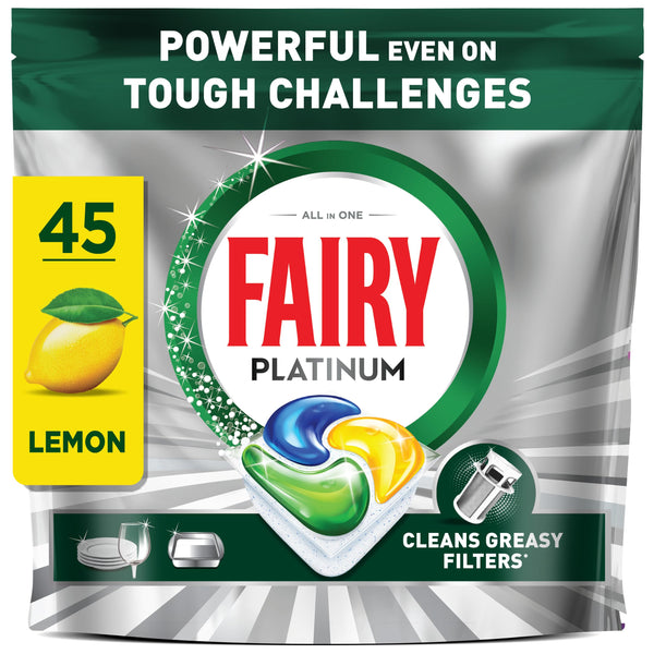 Fairy Platinum Dishwasher Tablets, Lemon, 45 Capsules, Powerful Even On Tough Cleaning Challenges, Clean Dishes, Shiny Machine, Cleans Greasy Filter