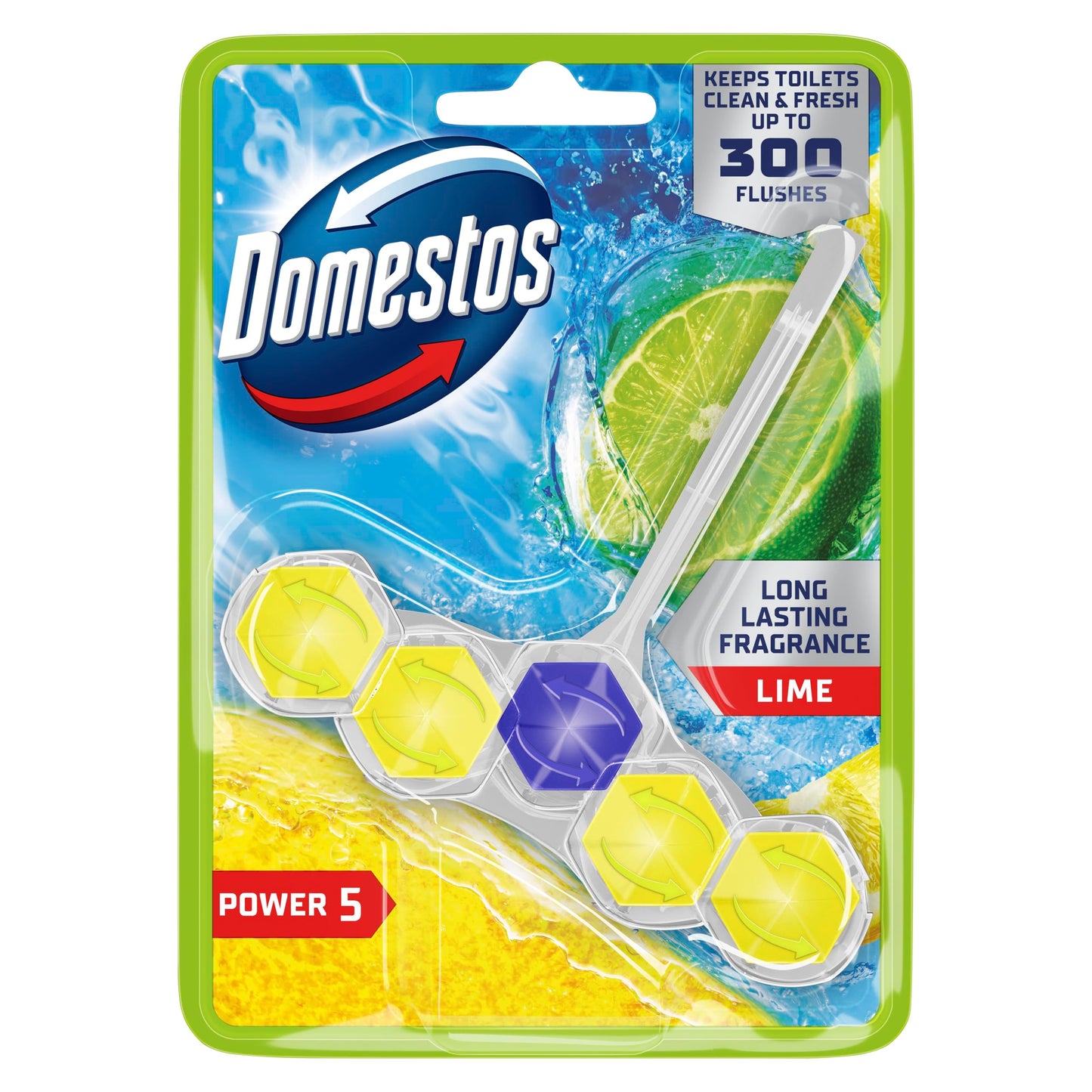 Domestos Power 5 Lime Toilet Rim Block toilet freshener with a long-lasting fragrance cleans and freshens for up to 300 flushes 50 g