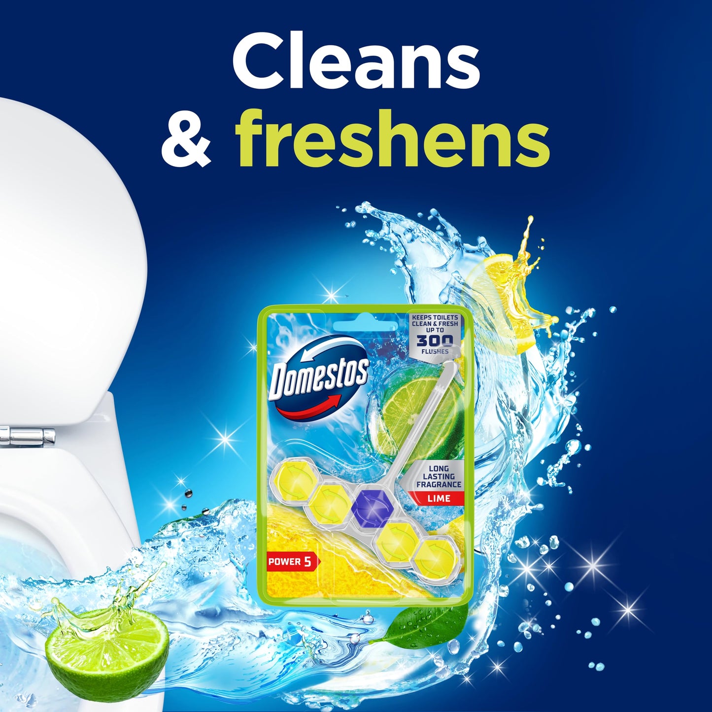 Domestos Power 5 Lime Toilet Rim Block toilet freshener with a long-lasting fragrance cleans and freshens for up to 300 flushes 50 g