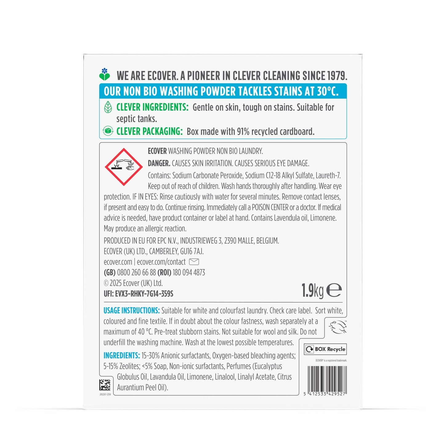 Ecover Non-Bio Laundry Powder, Lavender & Eucalyptus, 38 Washes, 1.9kg