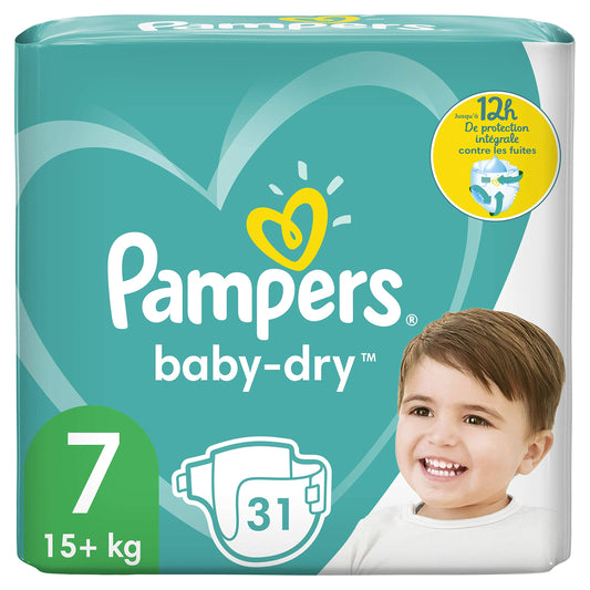 Pampers Baby-Dry Pants, Size 7, 31 Count, 7-12 kg (15-26 lbs), Overnight Urine Protection, White, Disposable, Baby Diapers