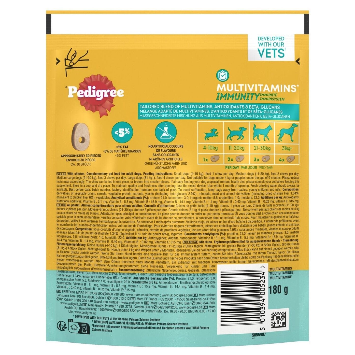Pedigree Multivitamins Immunity, 180 Soft Chew Supplements for Dogs, 6 x 180g, with Natural Chicken, Treats to Support Immune Health