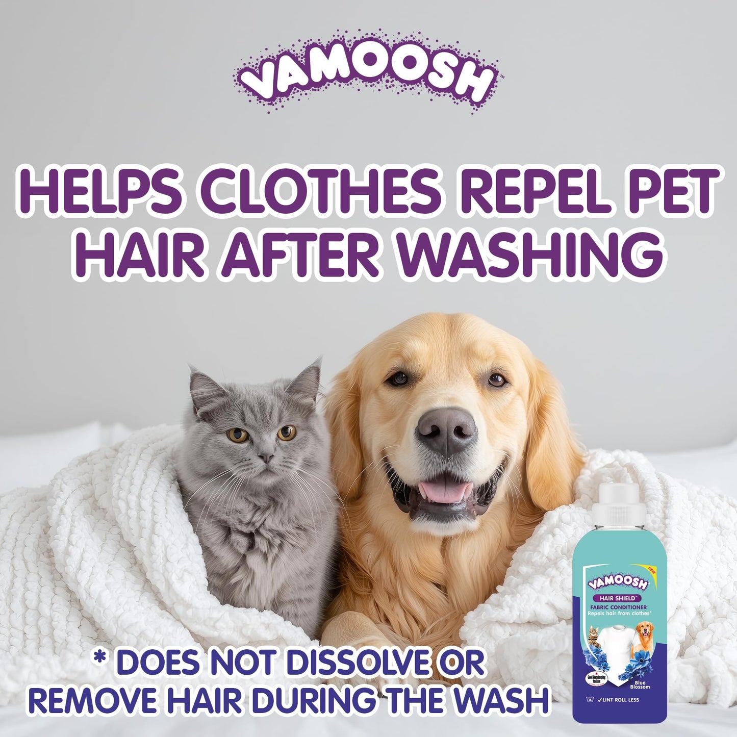 Vamoosh Hair Shield Fabric Conditioner 500ml – Liquid Fabric Softener that Repels Pet Hair from Clothes After Washing, Does Not Dissolve Hair – Blue Blossom Scent – Up to 16 Washes