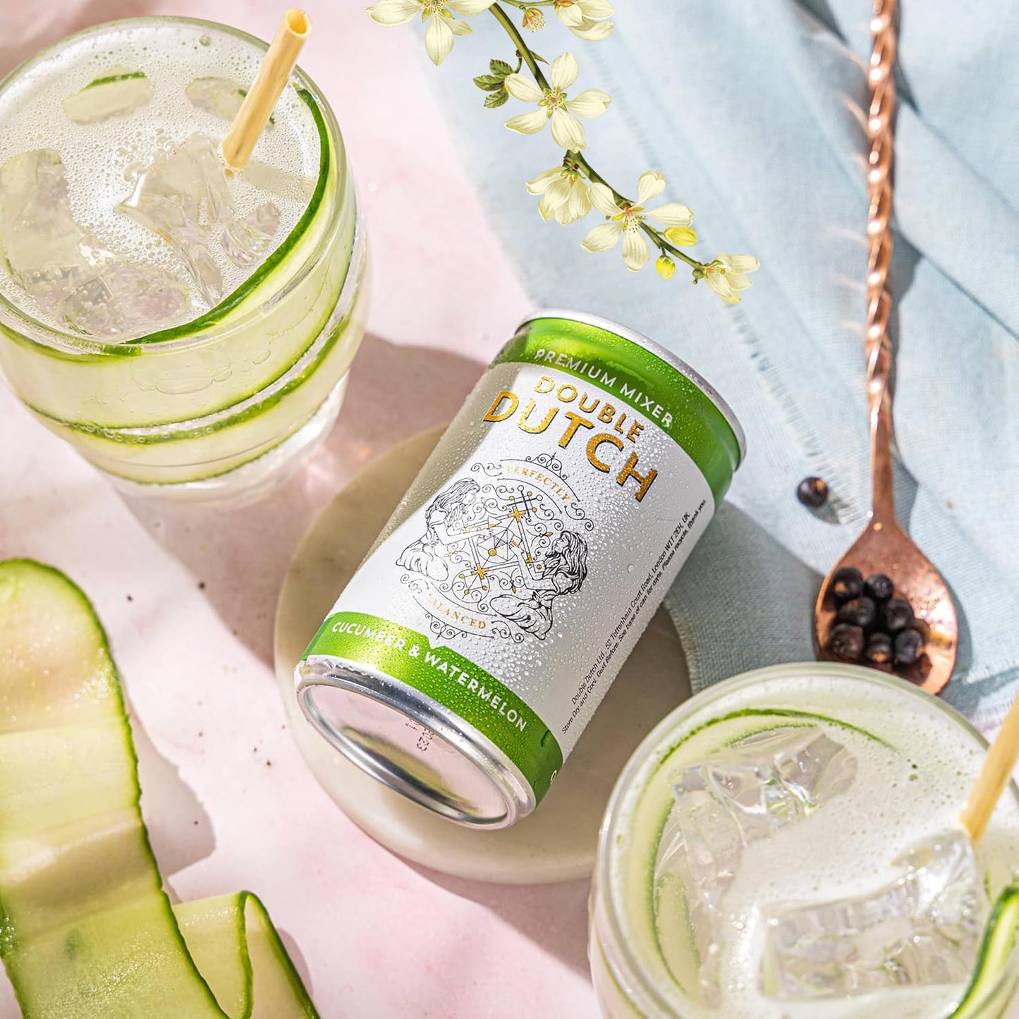 Double Dutch Cucumber & Watermelon Soda | Low Calorie Diet Soft Drink | 100% Natural Ingredients | Gluten Free, Vegan Friendly Premium Mixer Perfect For Gin, Vodka & Cocktails | 6 x 150ml Cans