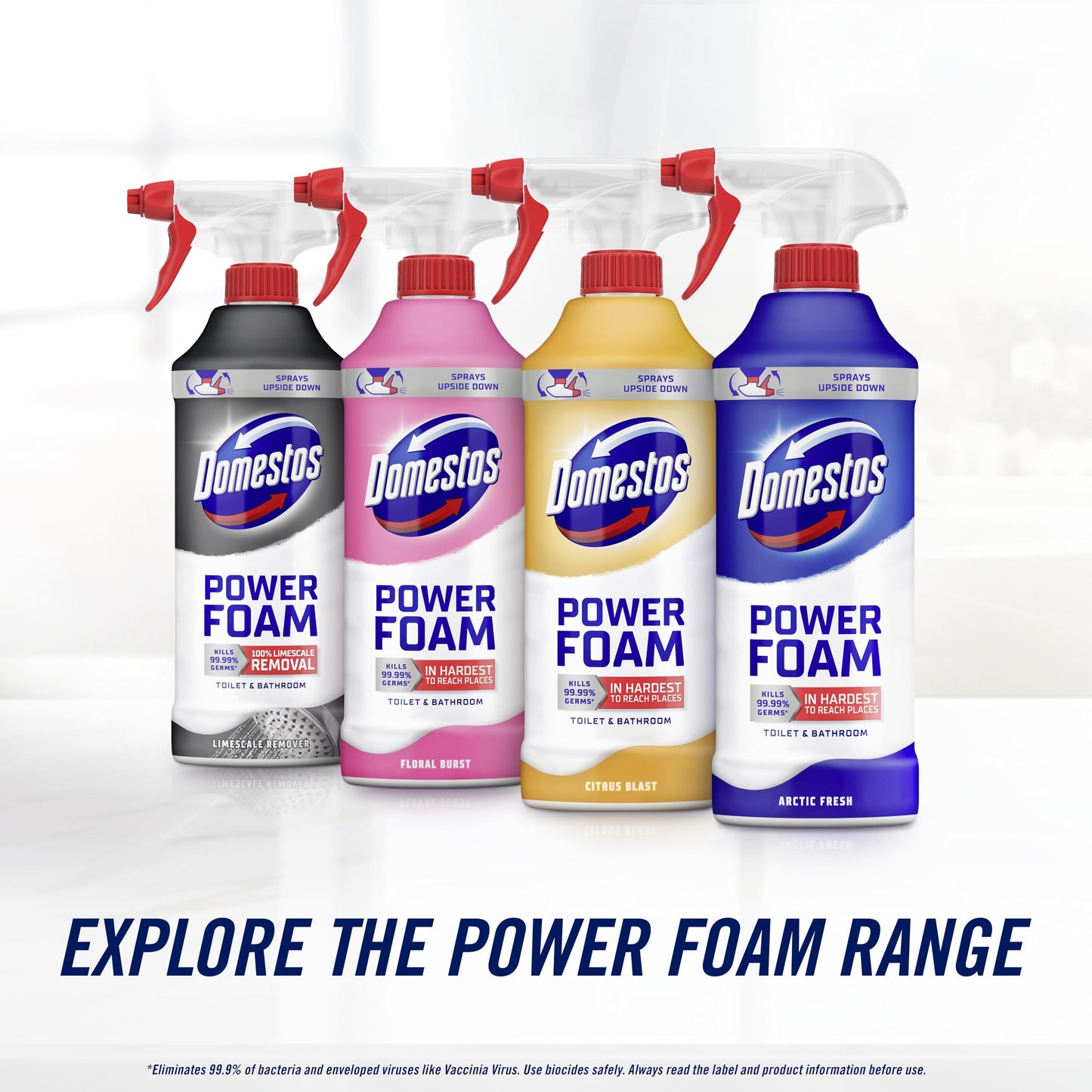 Domestos Bleach Foam Spray Pine Boost, 450 ml - Toilet & Bathroom Cleaner, Sprays Upside Down for a Sparkling Clean, Even in the Hardest-to-Reach Places