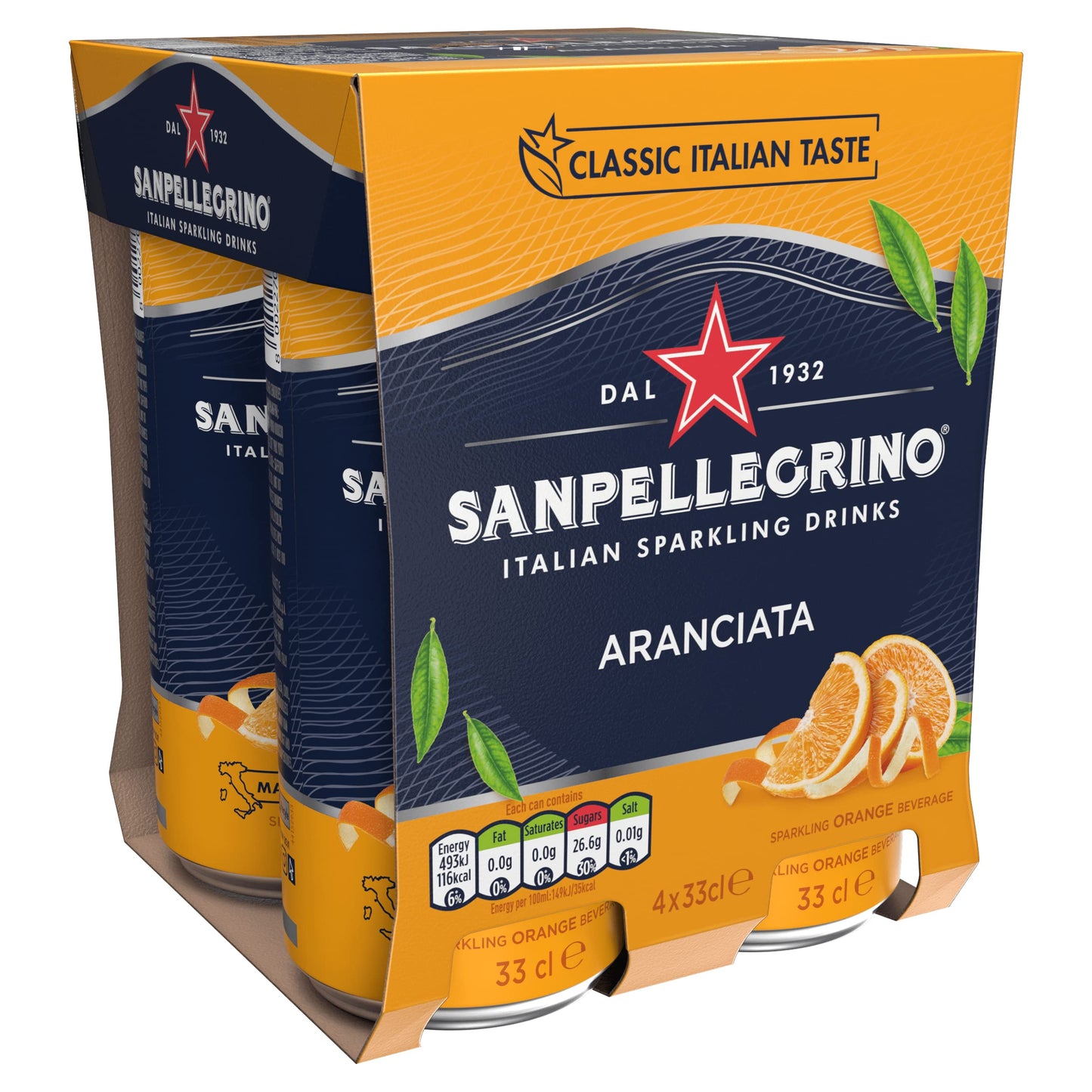 San Pellegrino Italian Sparkling Drinks Classic Taste Original Sparkling Orange Canned Soft Drink 4 x 330 ml