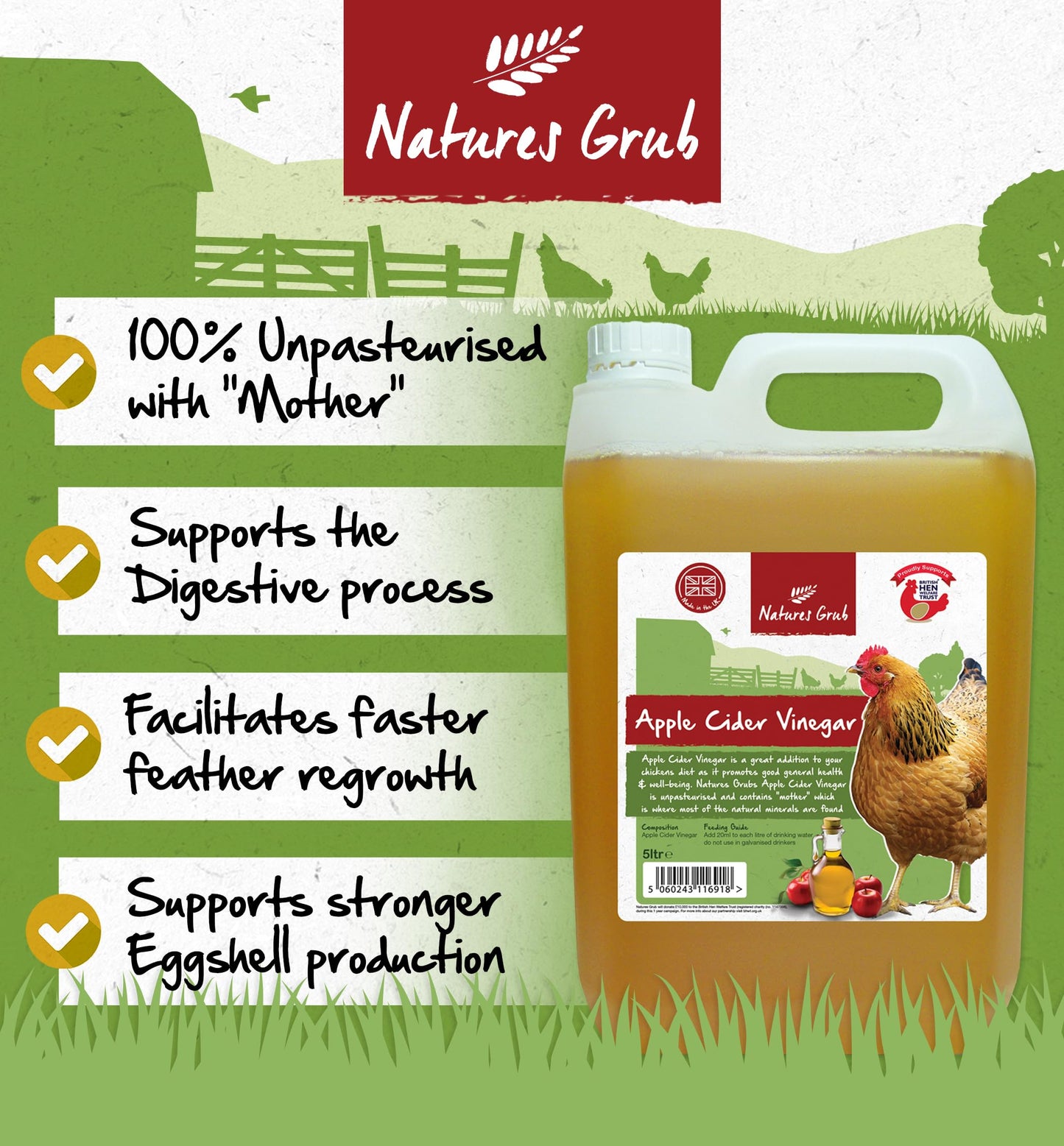 Natures Grub Apple Cider Vinegar 1ltr | Natural Feed Supplement for Chickens & Poultry, Digestion Support, Unpasteurised with Mother, Parasite Repellent, Manufactured in the UK