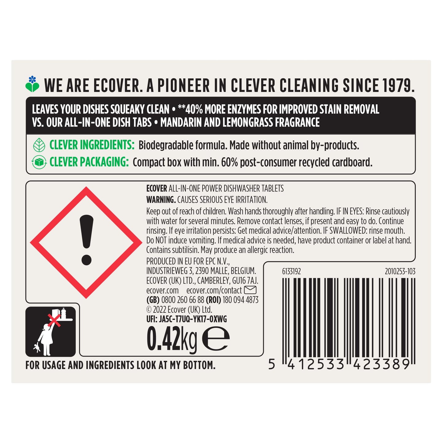 Ecover Power Dishwasher Tablets, All-In-One Dishwasher Salt & Rinse Aid, Power Cleaning, Mandarin and Lemongrass Scent, Pack of 1, 24 Tablets