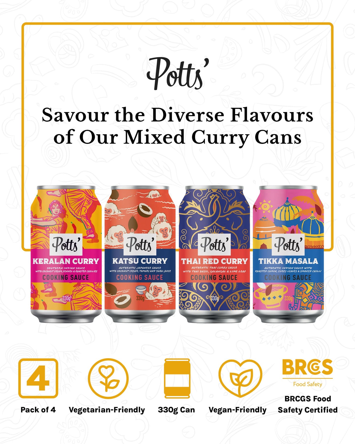 Potts’ Katsu Curry, Tikka Masala, Thai Red Curry, & Keralan Sauce in Can, 330g Each - Mixed Sauce Cans for Vegan & Traditional Meals - Easy Open Can, Ready to Use Stock