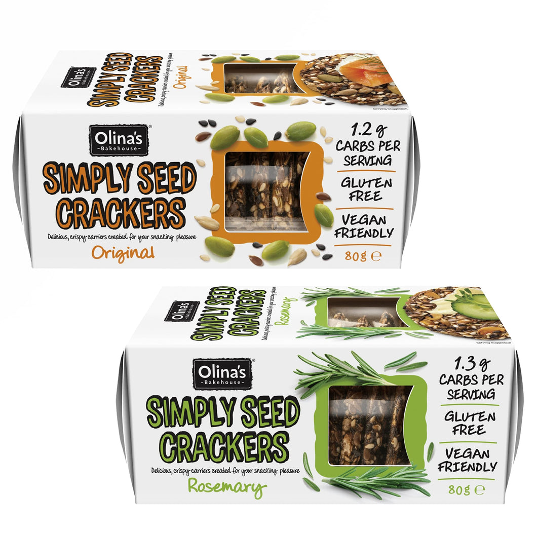 Olina's Bakehouse Vegan Simply Seed Crackers | Original Flavor 80g and Rosemary 80g | Bundle of 2