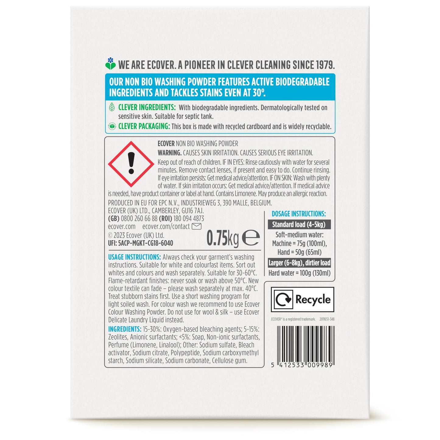 Ecover Zero Non-Bio Laundry Detergent Powder, For Sensitive Skin, Laundry Washing Detergent for Baby Laundry, 1 x 10 Washes, 1 x 750 g