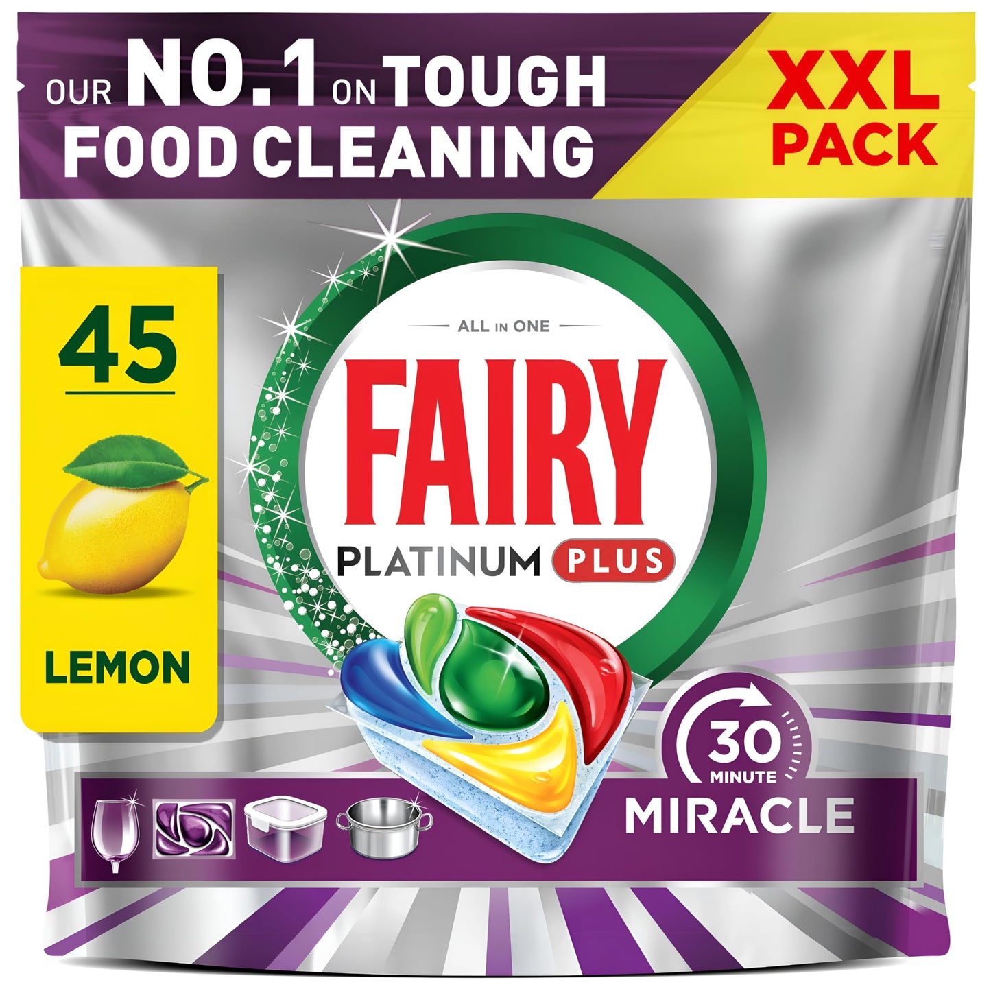 Fairy 30 Minute Miracle Platinum Plus Dishwasher Tablets, 45 Capsules