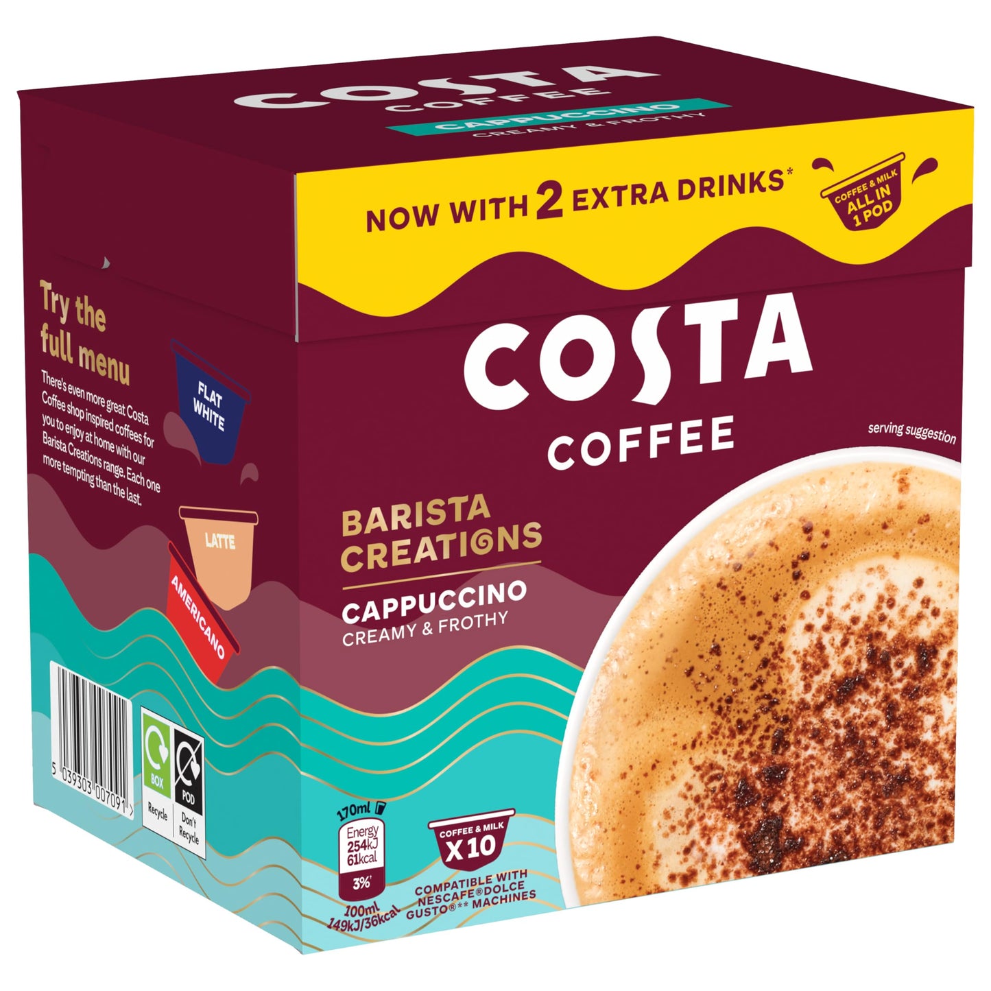 Costa Coffee Dolce Gusto Cappuccino One Pod 10 x 16g, Creamy and Frothy. Now with 2 extra drinks, All in One Pod.