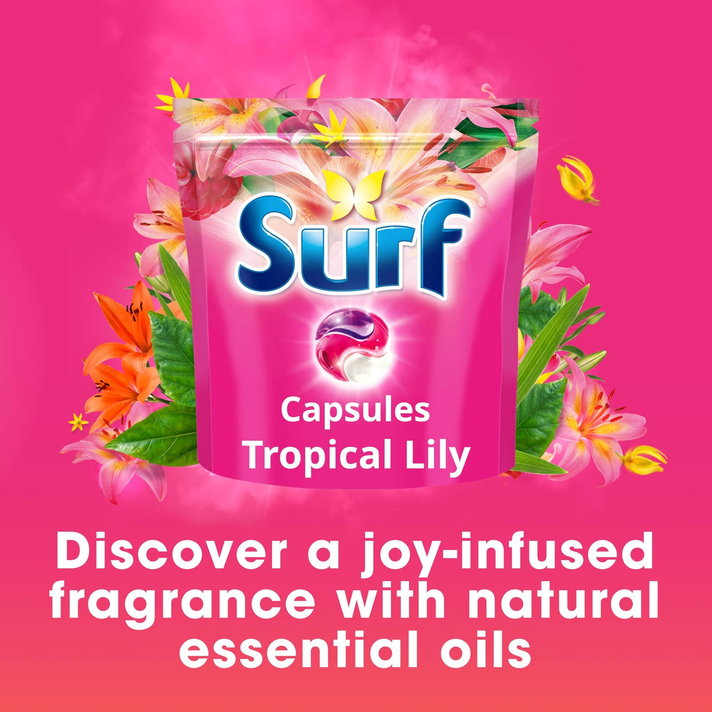 Surf 3 in 1 Tropical Lily Laundry Washing Detergent Capsules joy-infused fragrance with natural essential oils lasting up to 12 hours in wear for brilliantly clean results 60 washes