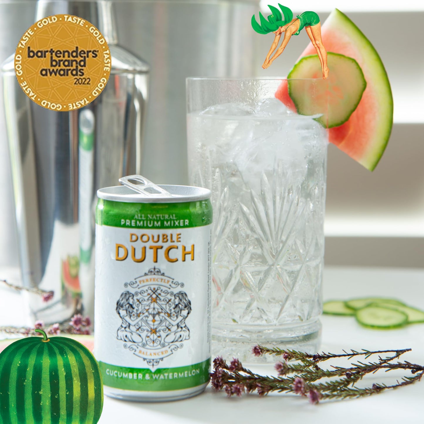 Double Dutch Cucumber & Watermelon Soda | Low Calorie Diet Soft Drink | 100% Natural Ingredients | Gluten Free, Vegan Friendly Premium Mixer Perfect For Gin, Vodka & Cocktails | 6 x 150ml Cans