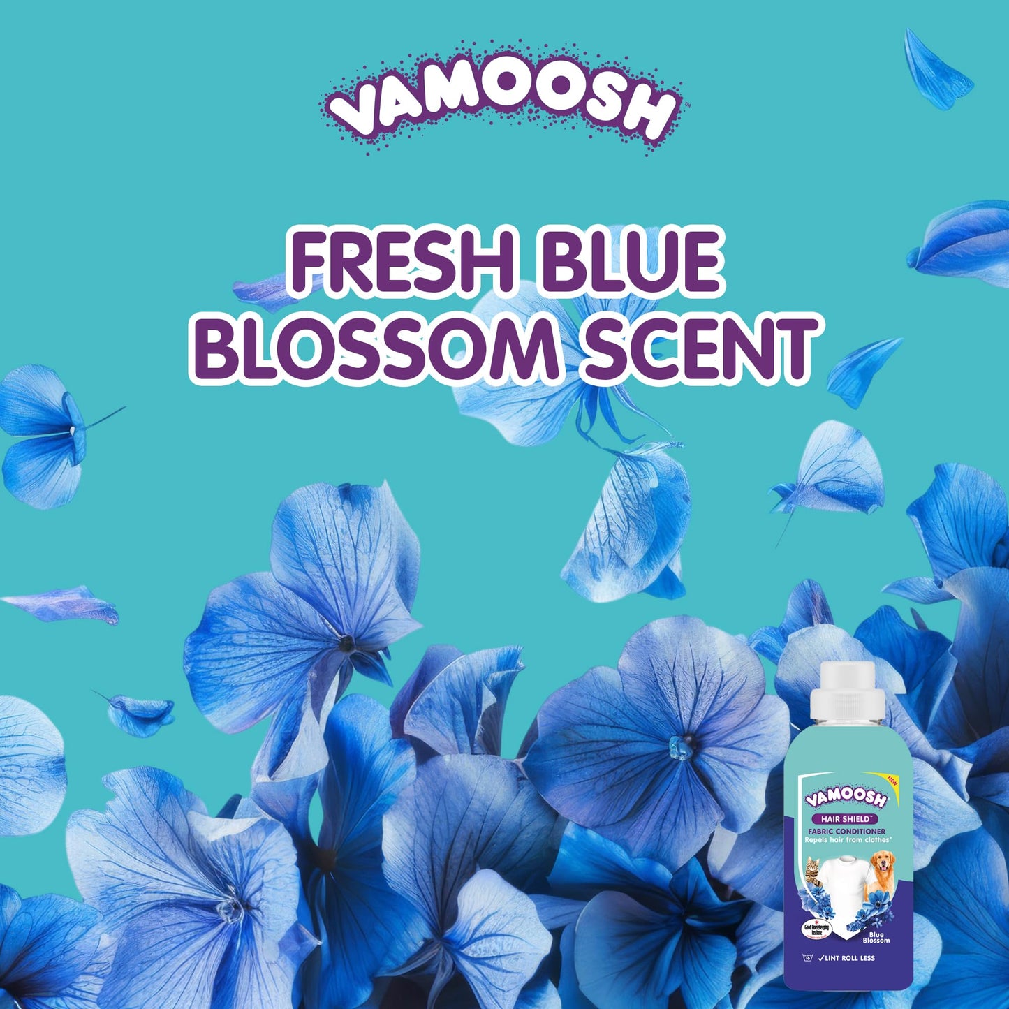 Vamoosh Hair Shield Fabric Conditioner 500ml – Liquid Fabric Softener that Repels Pet Hair from Clothes After Washing, Does Not Dissolve Hair – Blue Blossom Scent – Up to 16 Washes