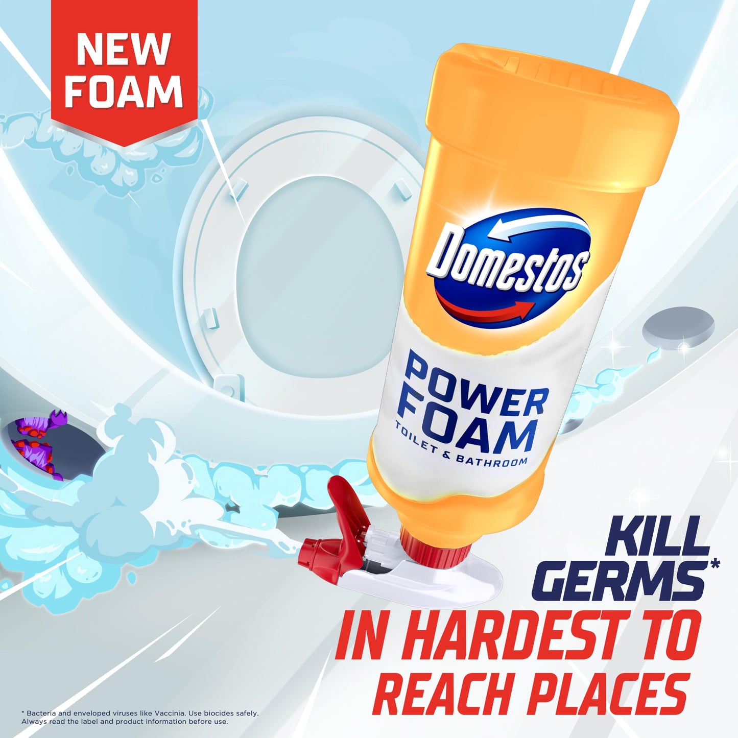 Domestos Power Foam Citrus Blast Toilet & Bathroom Cleaner Spray sprays upside down & eliminates 99.99% of germs* for cleaning inside the toilet & around the bathroom 450 ml