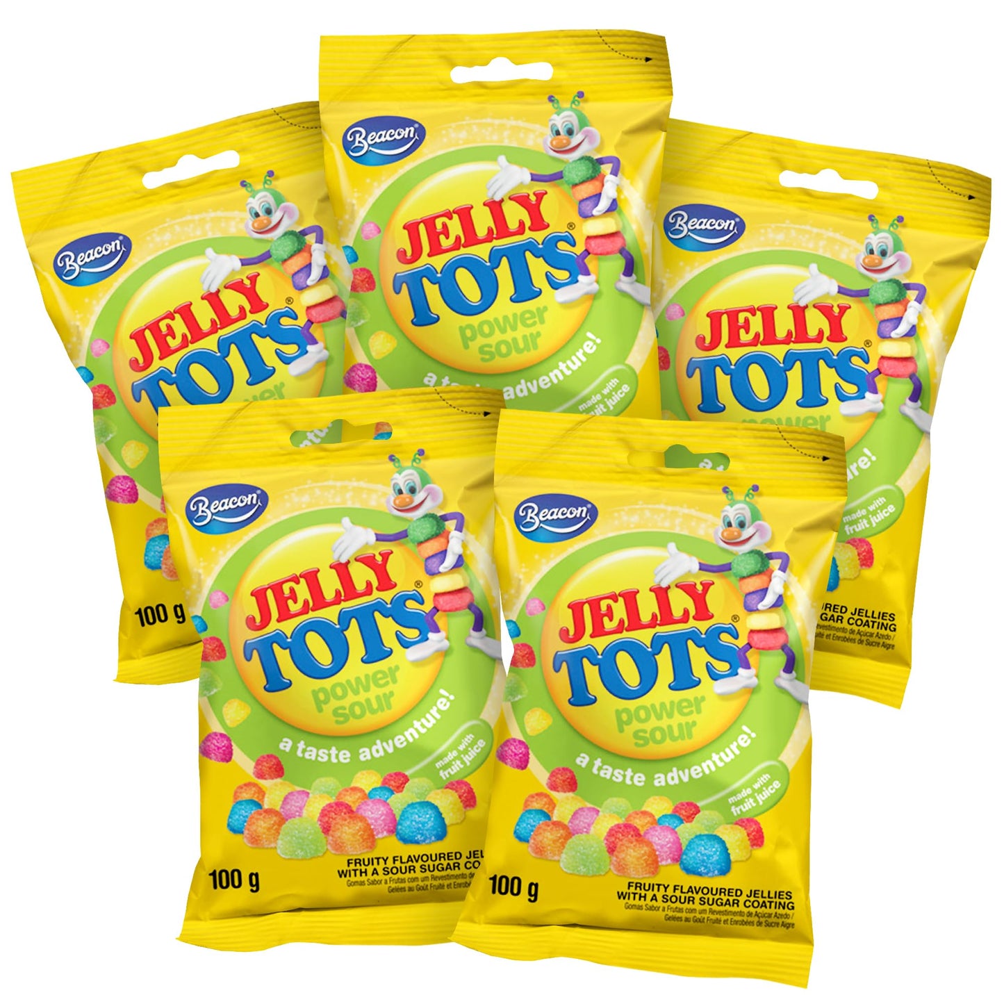 Beacon Jelly Tots Power Sour - Tasty Sweets for Adults & Kids -- Sweet Gift for All Occasions - 5 x 100 grams