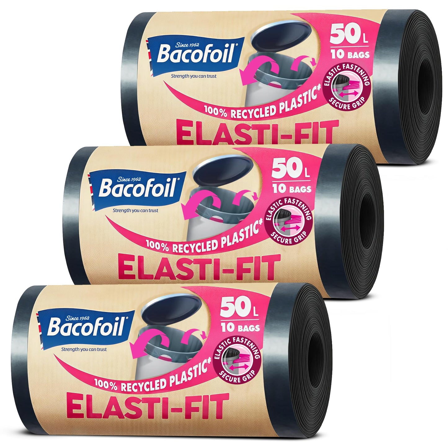 Bacofoil Elasti-Fit Bin Liners with Drawstring Handles 50L - Leak-Proof Bin Bag with Elastic Fastening for a Secure Fit (3 Rolls, 30 Bags)…