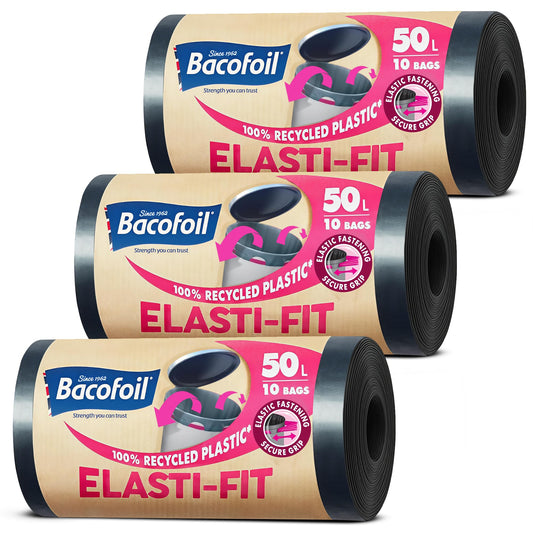 Bacofoil Elasti-Fit Bin Liners with Drawstring Handles 50L - Leak-Proof Bin Bag with Elastic Fastening for a Secure Fit (3 Rolls, 30 Bags)…