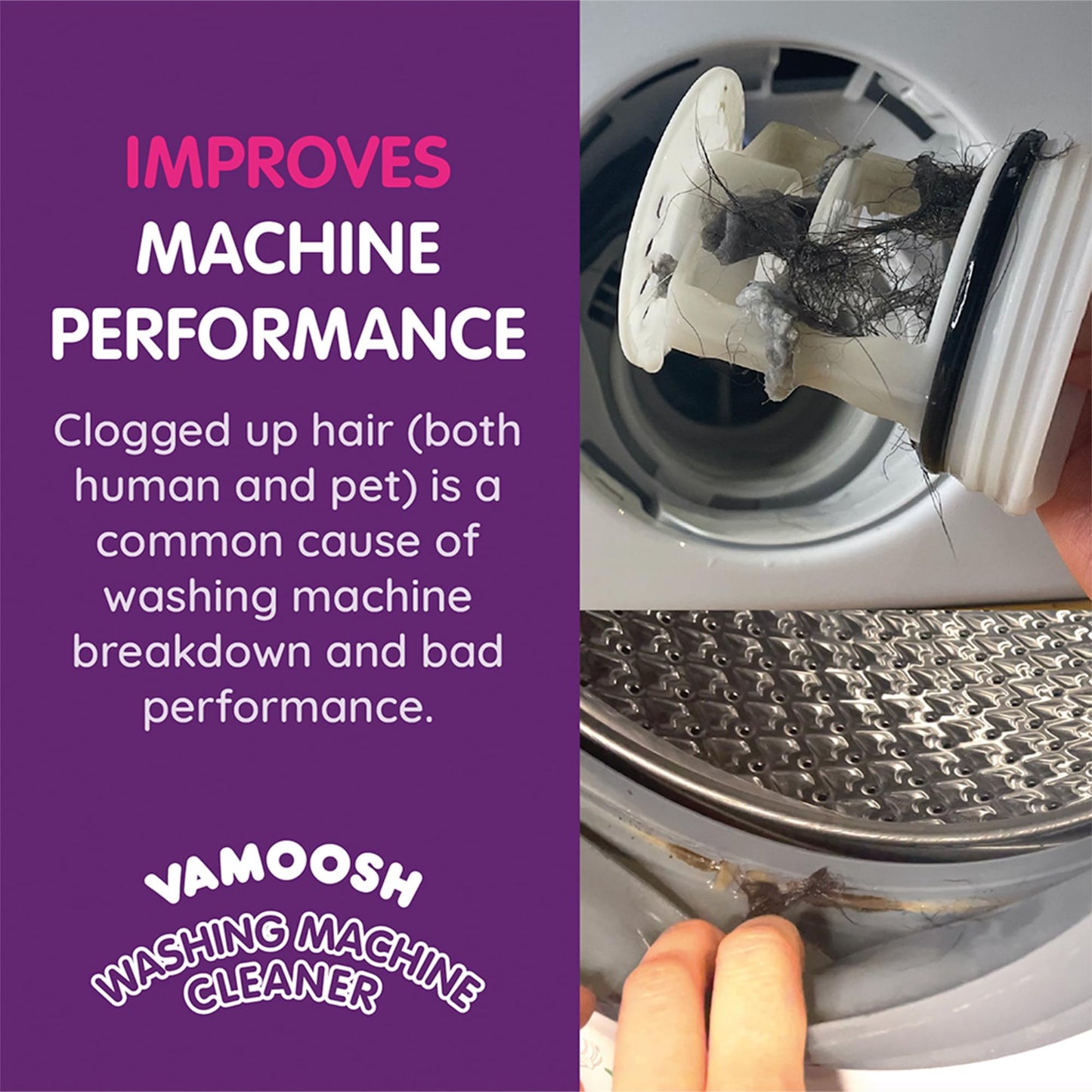 Vamoosh 6-in-1 Washing Machine Cleaner, Dissolves Hair, Eliminates Bad Odours, Removes Limescale, Deep Clean, Leaves Smelling Fresh, Antibacterial, Descales