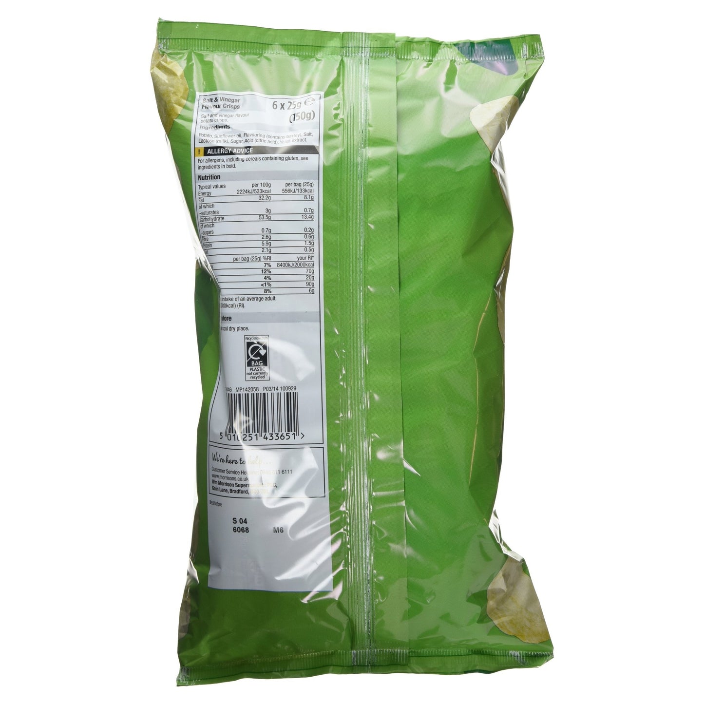 Morrisons Salt and Vinegar Flavour Crisps, 6 x 25g Packets