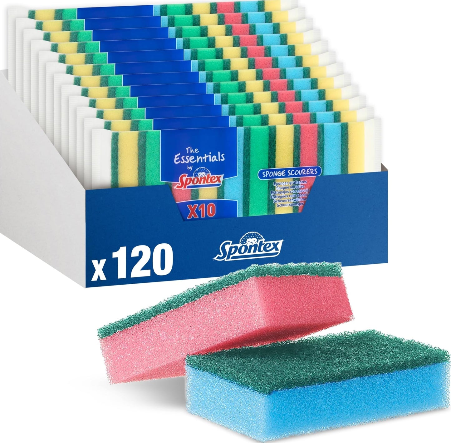 Spontex The Essentials Washing Up Sponge Scourers | Hard Wearing & Versatile | Assorted Colours | 12 x 10 Pack (120 Total)