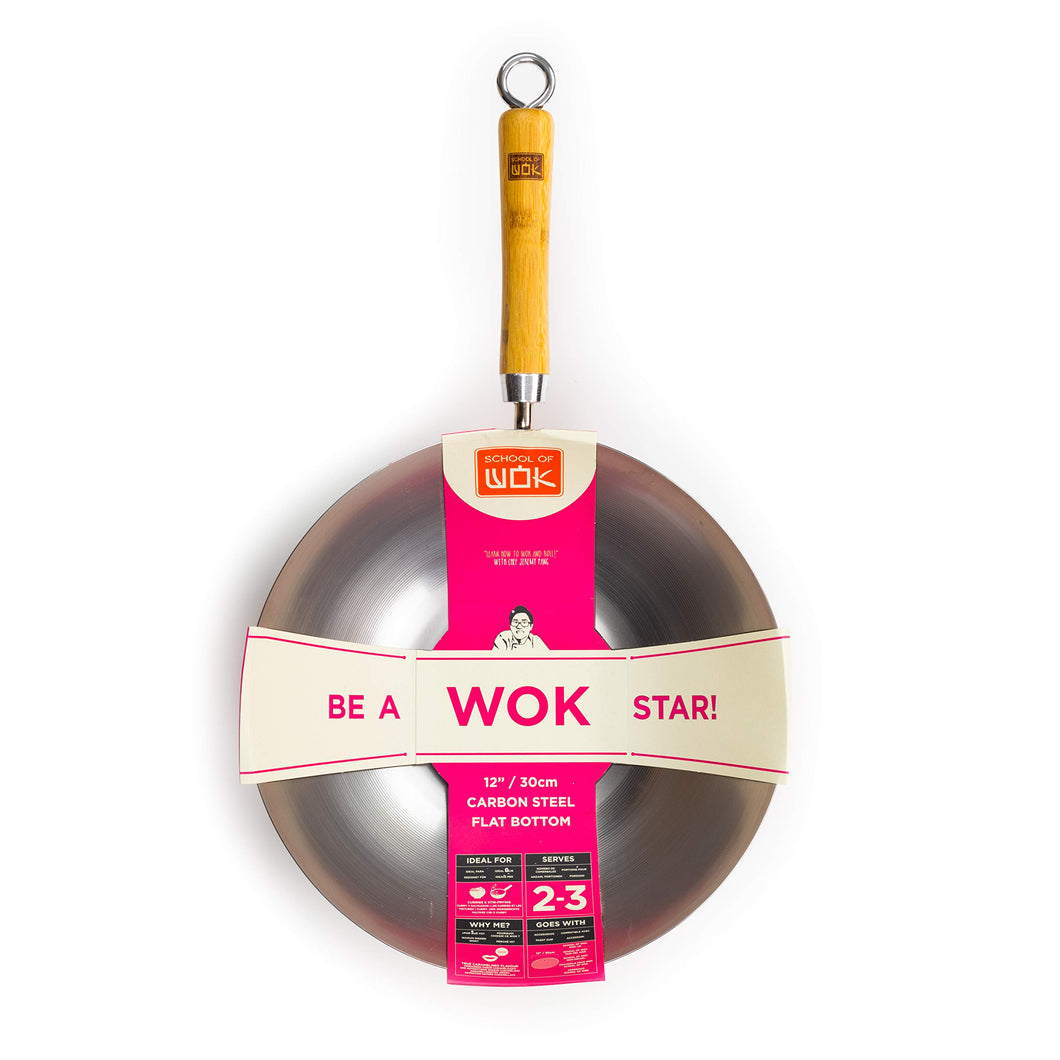 School of Wok - 12"/30cm Carbon Steel Wok, Flat Bottom, Bamboo Handle