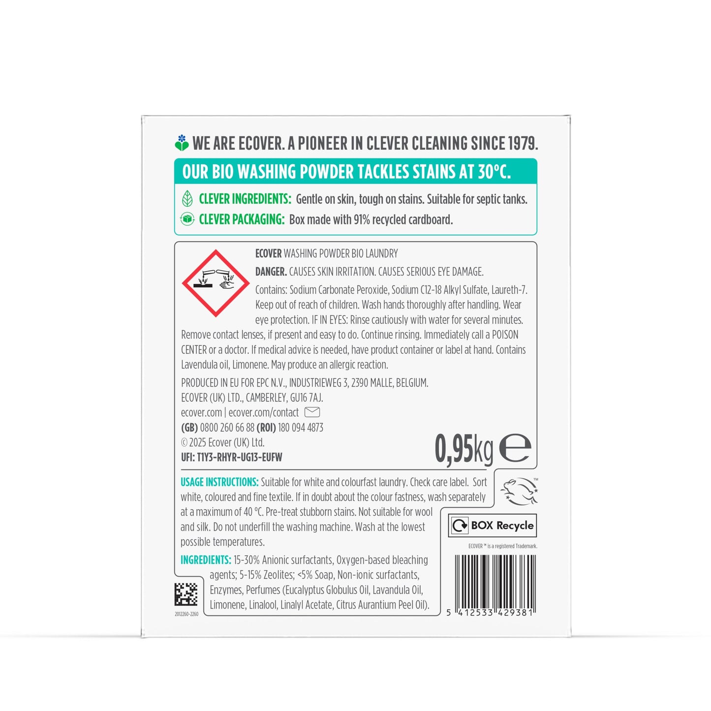 Ecover Bio Laundry Detergent Powder, Laundry Washing Detergent, Fresh Lavender and Eucalyptus Scent, 1 x 19 Washes, 1 x 0.95kg