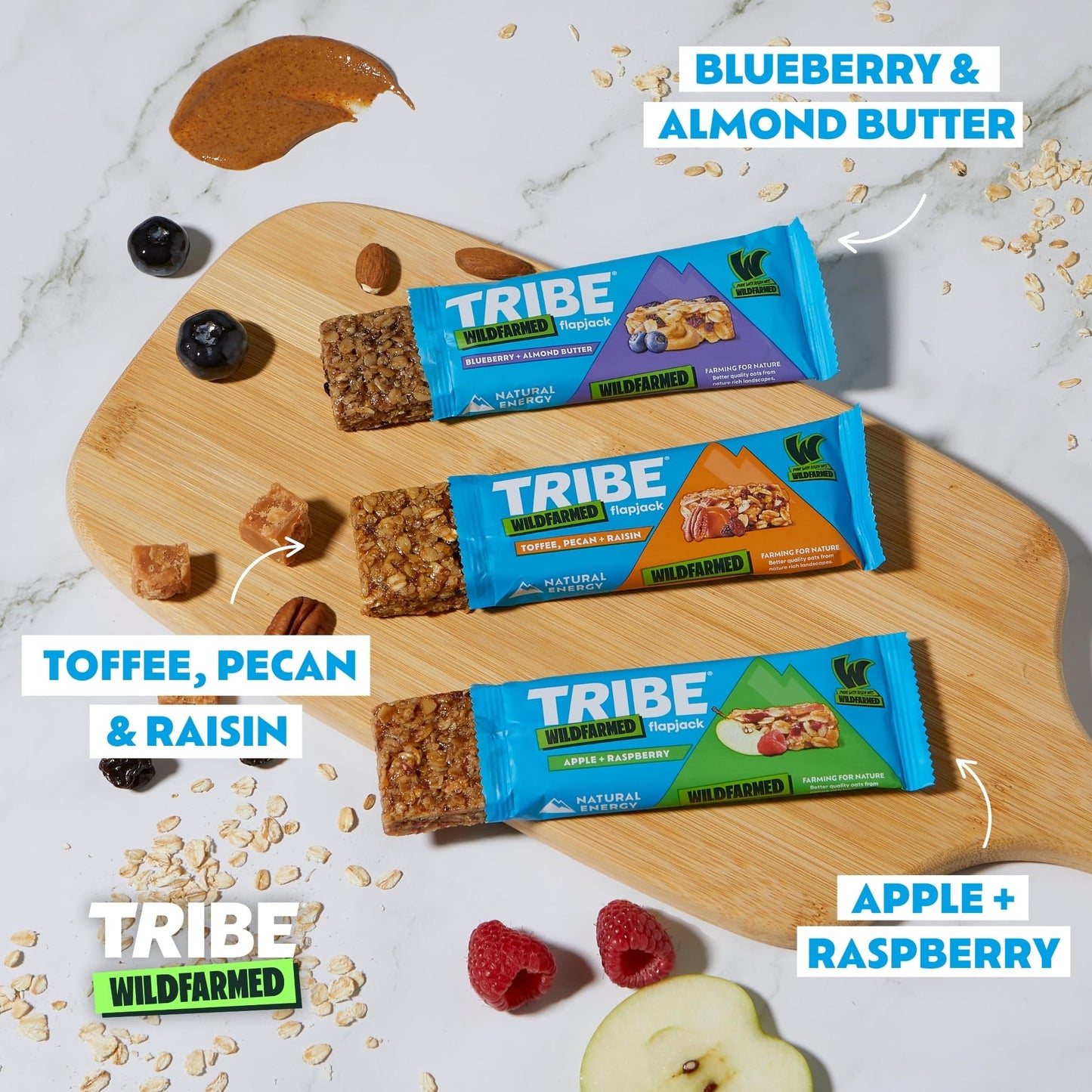 TRIBE x Wildfarmed Vegan Flapjack Bars - Blueberry & Almond Butter Oat Bars (3 x 50g Multipack Box) | Healthy Energy Snacks | Source Of Fibre, Natural Ingredients | Sustainable Oats | Breakfast Bars