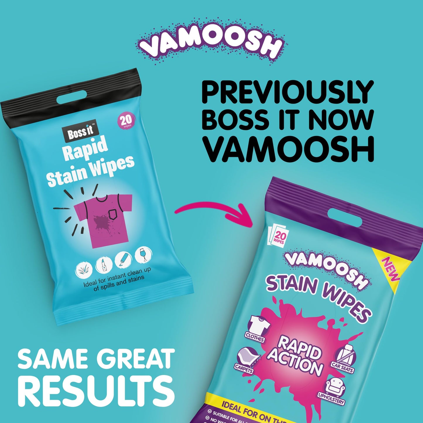 Vamoosh Rapid Stain Remover Wipes, Instant Stain Remover for Clothes, Carpets & Upholstery, Biodegradable & Plastic-Free - Vamoosh Laundry Wipes