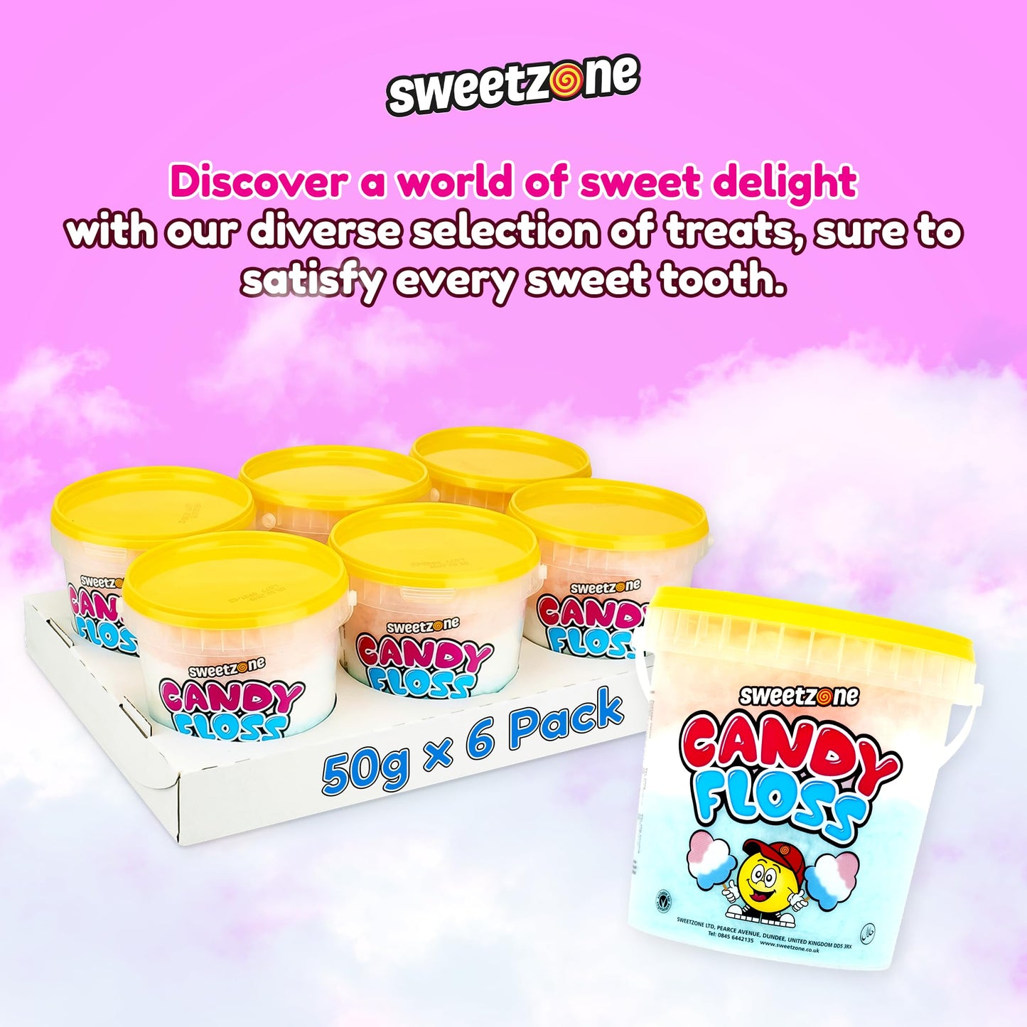 Sweetzone Candy Floss Halal Sweets Tub 50g x 6 Pack, Sweets Bulk, Retro Sweets, Cotton Sweets, Sweet Box, Bulk Sweets, Candy for Sweet Bags, Sweet Tub Delight, Bulk Candy