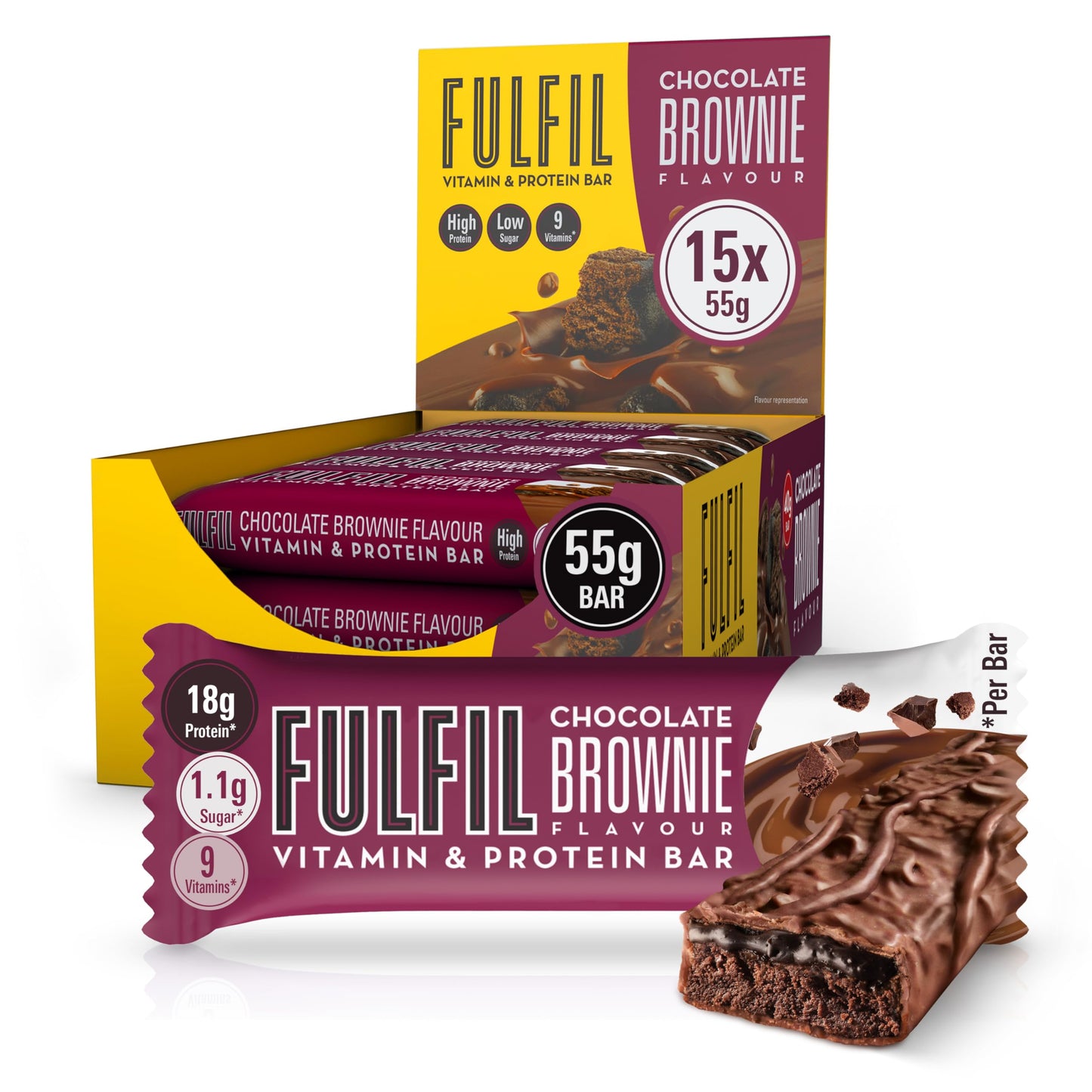 FULFIL Vitamin and Protein Bars, Chocolate Brownie Flavour, 20 g High Protein, 9 Vitamins, Low Sugar