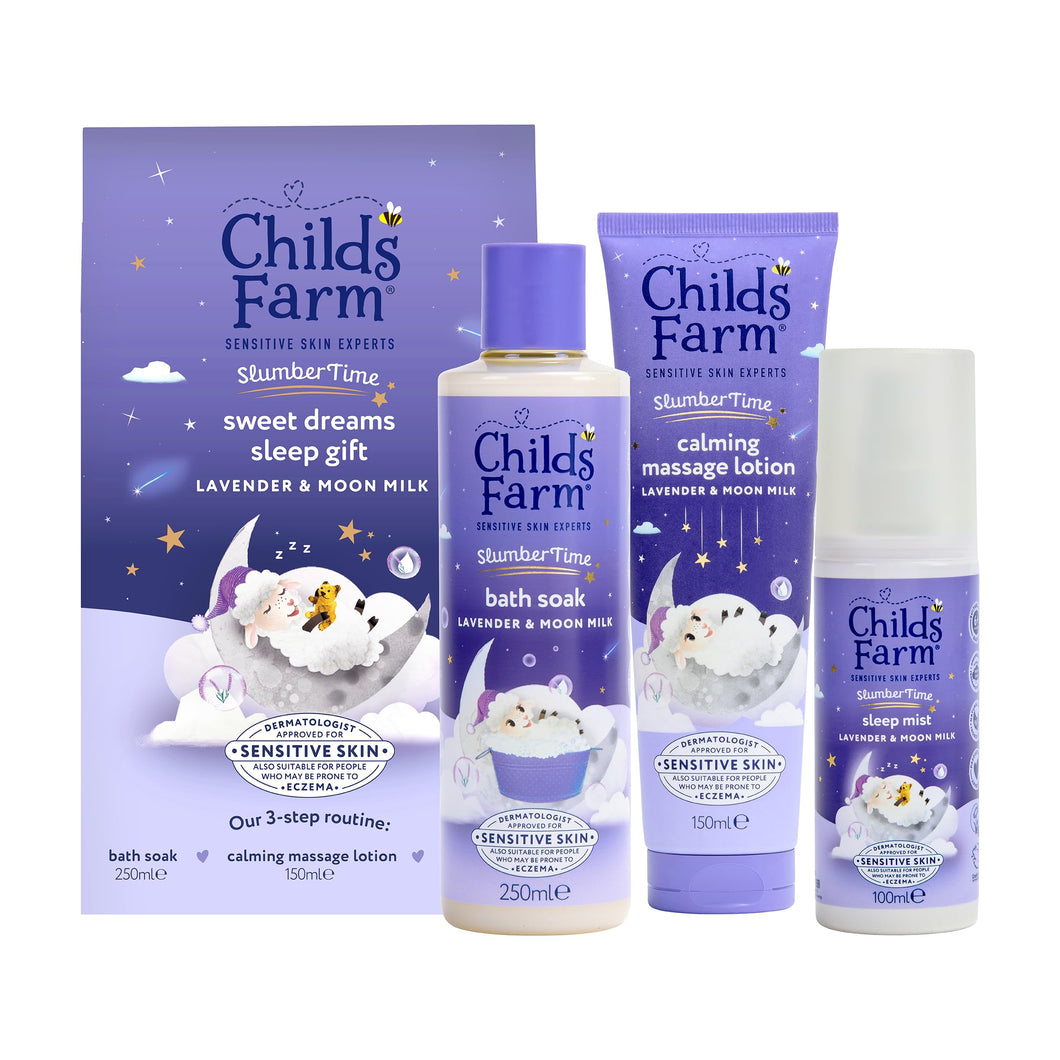 Childs Farm SlumberTime Sweet Dreams Sleep Gift Set | 3-Step Sleep Routine | Lavender & Moon Milk Bath Soak 250ml, Calming Massage Lotion 150ml, Sleep Mist 100ml | Suitable for Dry & Sensitive Skin