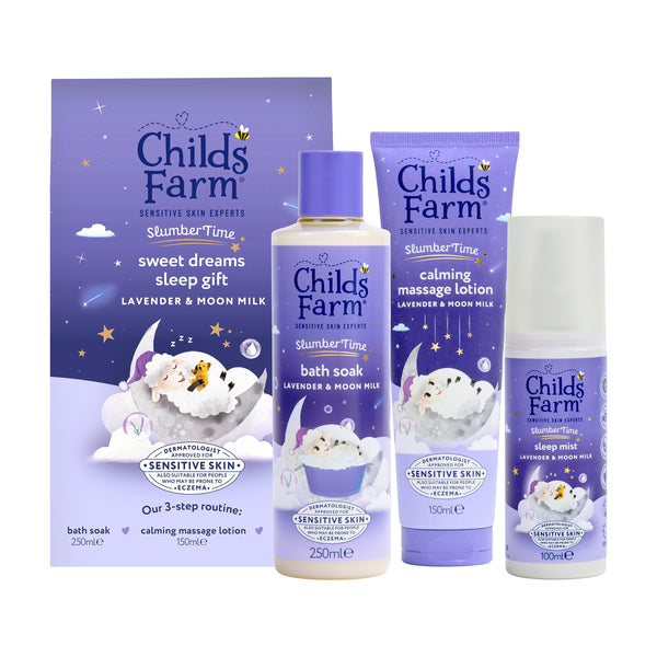 Childs Farm SlumberTime Sweet Dreams Gift Set, Lavender & Moon Milk Bath Soak 250ml, Massage Lotion 150ml, Sleep Mist 100ml