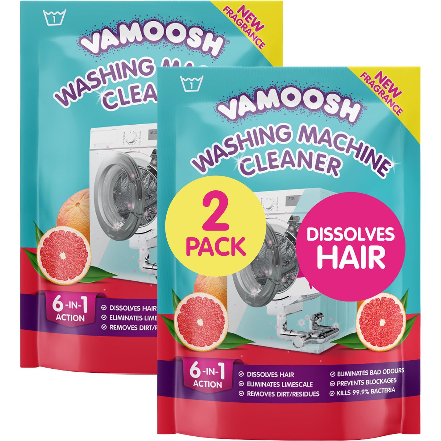 Vamoosh 6-in-1 Washing Machine Cleaner, Dissolves Hair, Eliminates Bad Odours, Removes Limescale, Deep Clean, Leaves Smelling Fresh, Antibacterial, Descales