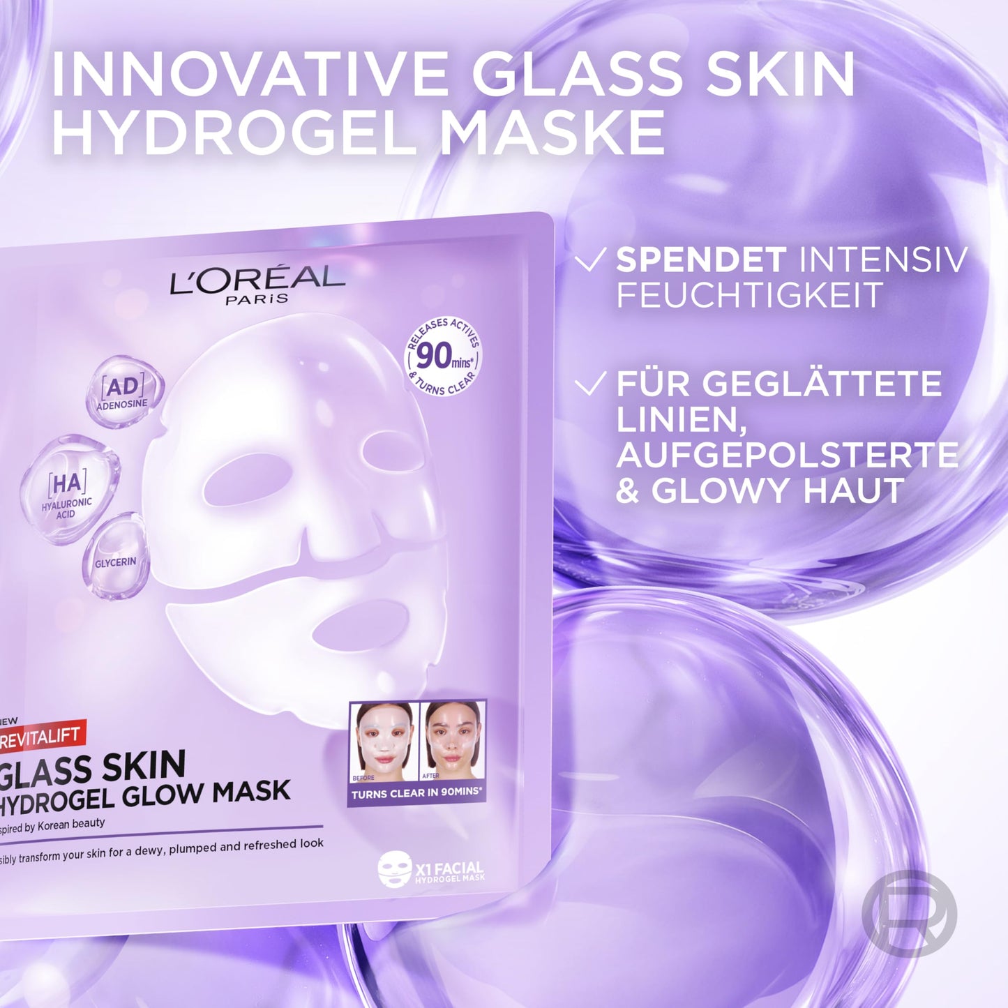 L'Oreal Paris Revitalift Filler Glass Skin Hydrogel Glow Mask, Korean-Skincare Inspired Masks, 1pc