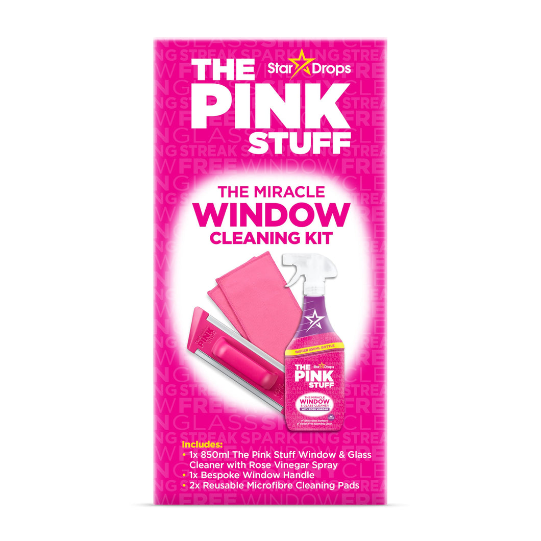 The Pink Stuff Window Cleaning Kit Carton – Streak Free Glass Cleaner with Rose Vinegar 850ml Set, Window Cloth & Scrubber – Removes Dirt, Grease & Grime from Windows, Mirrors & Glass