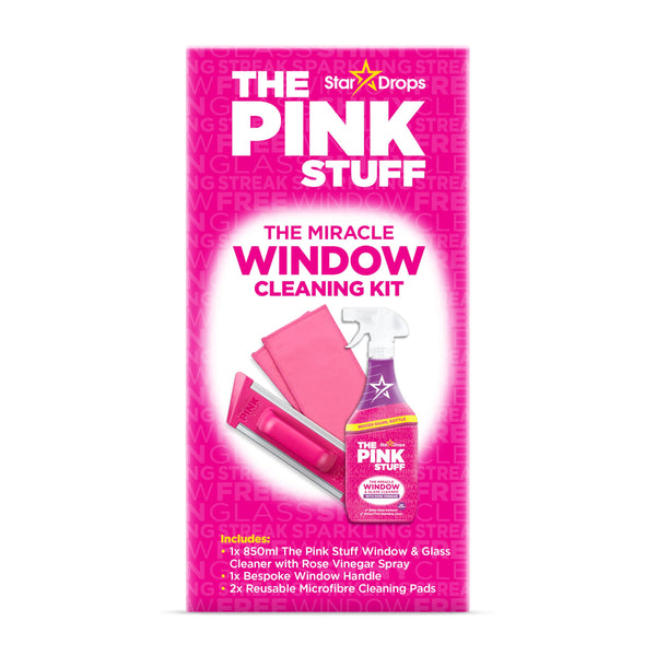 The Pink Stuff Window Cleaning Kit Carton – Streak Free Glass Cleaner with Rose Vinegar 850ml Set, Window Cloth & Scrubber – Removes Dirt, Grease & Grime from Windows, Mirrors & Glass