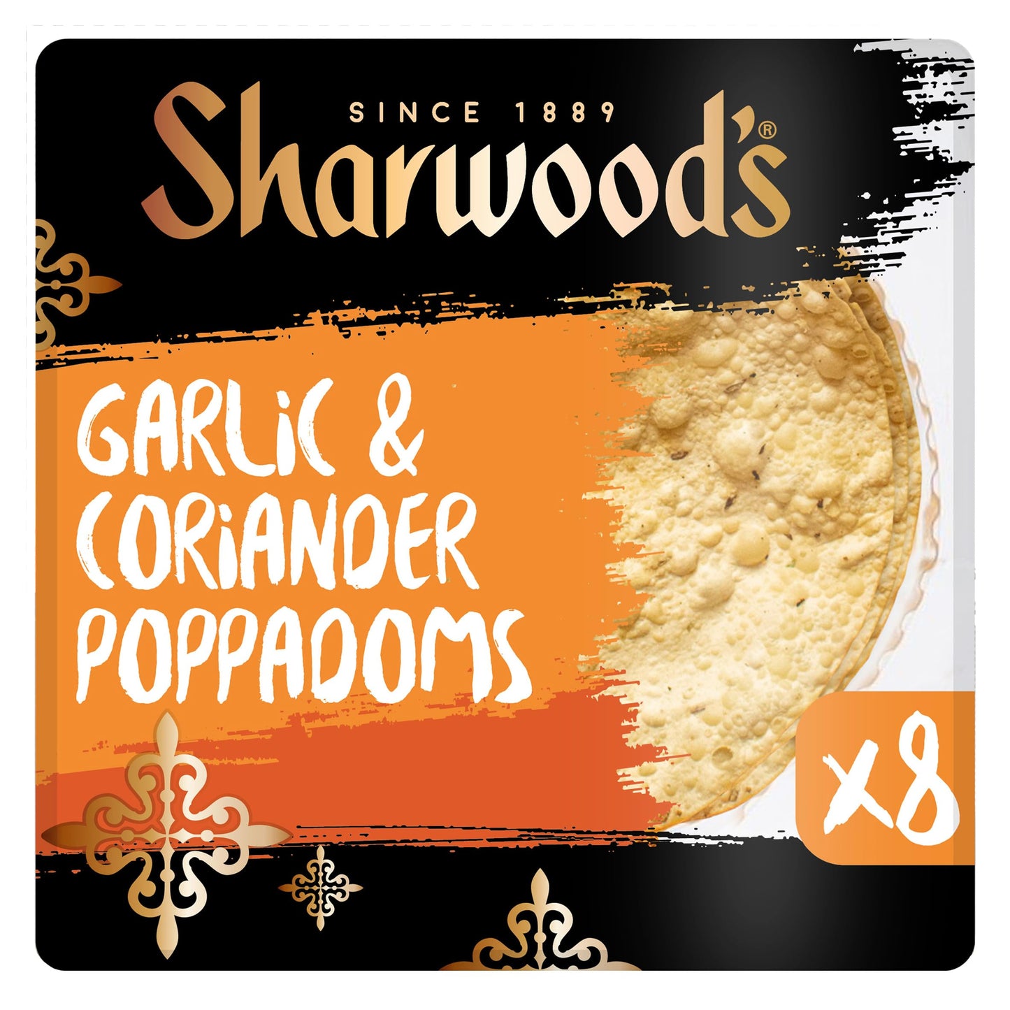 Sharwood's Garlic & Coriander Poppadoms, 8 Crispy Indian Snacks (1-Pack)
