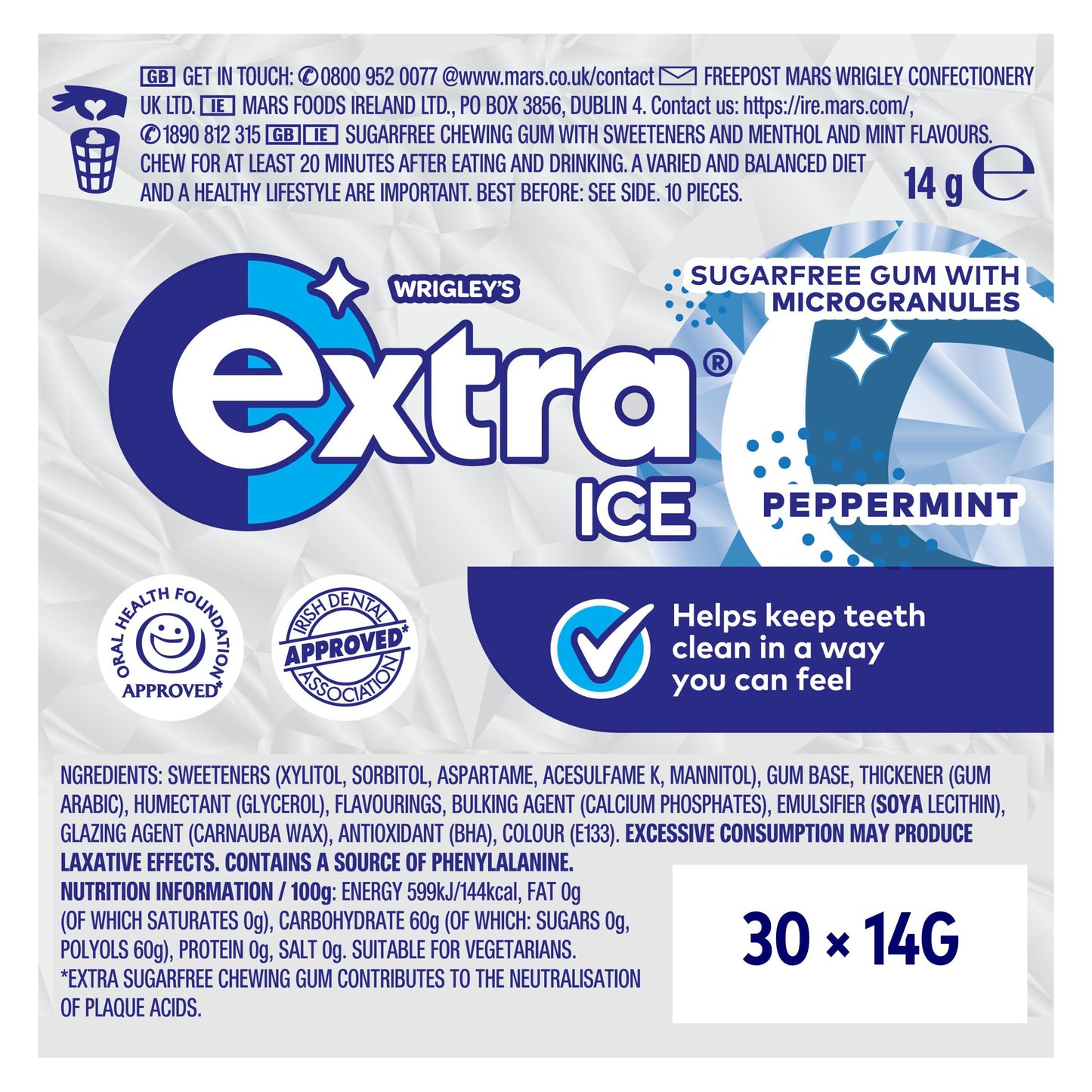 Wrigley's Extra Ice Spearmint Sugar Free Chewing Gum Bulk Multipack, 30 x 10 Pieces - Mint Gum With Microgranules - Air Travel Essentials, Festival Accessories & Road Trip Snacks