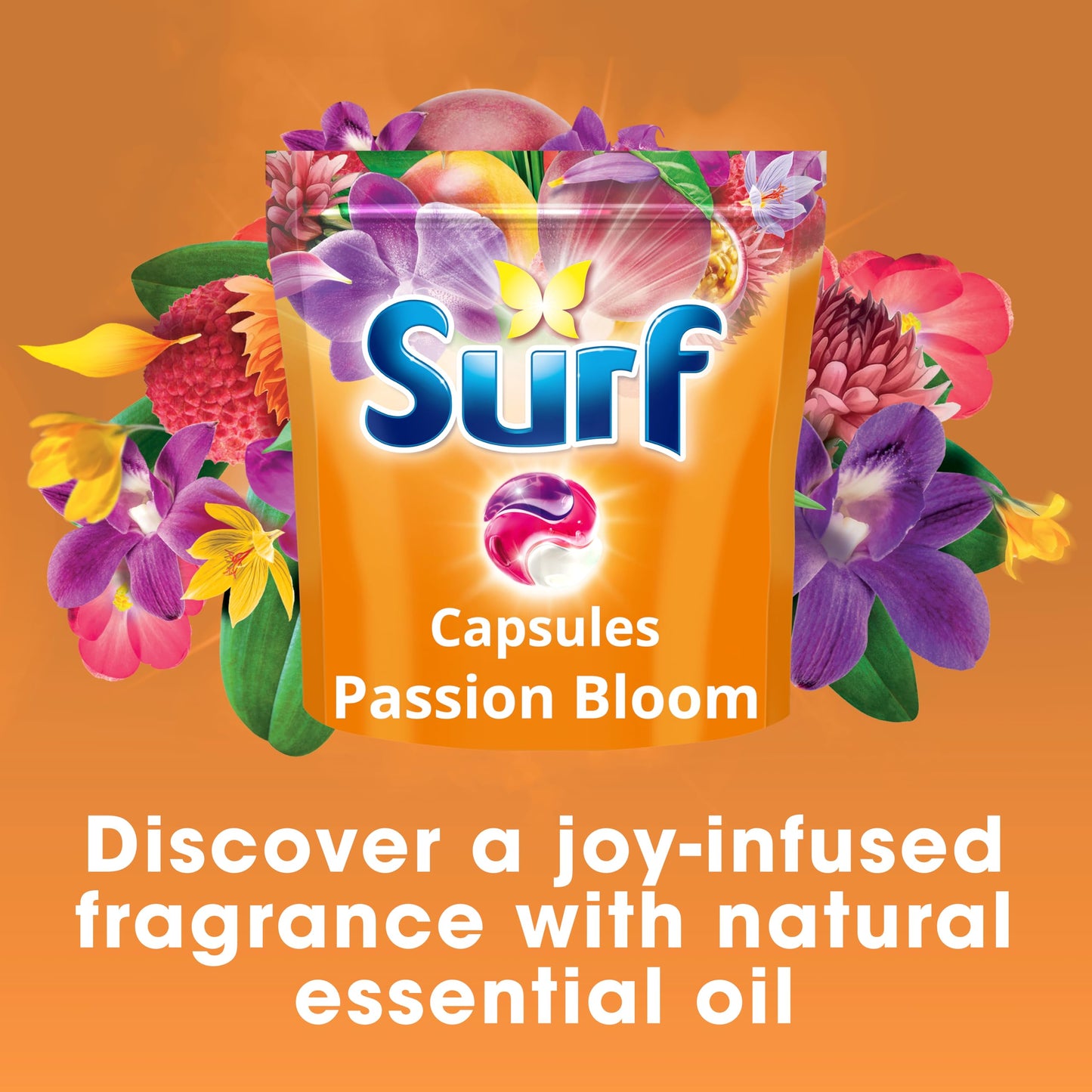 Surf 3 in 1 Passion Bloom Laundry Washing Detergent Capsules joy-infused fragrance with natural essential oil lasting up to 12 hours in wear for brilliantly clean results 51 washes