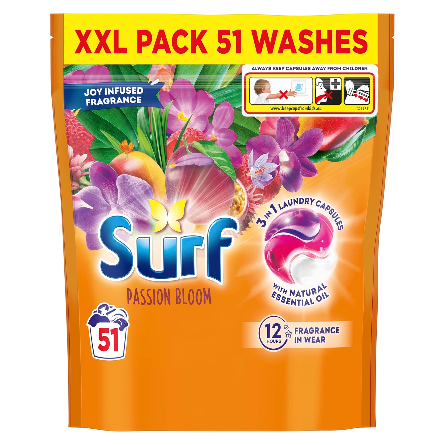 Surf 3 in 1 Passion Bloom Laundry Washing Detergent Capsules joy-infused fragrance with natural essential oil lasting up to 12 hours in wear for brilliantly clean results 51 washes
