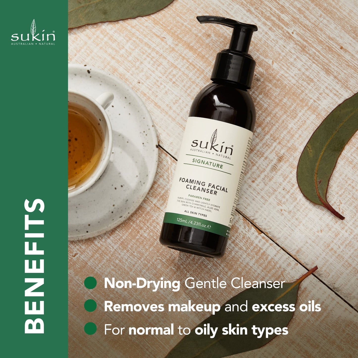 Sukin Signature Foaming Facial Cleanser 125ml - with Witch Hazel & Green Tea; cruelty free & vegan friendly - gently cleanses skin, removes make-up, dirt build-up and sebum.